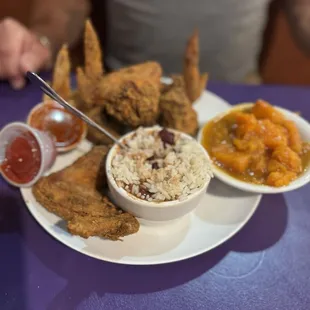 Fried Wings, 6 oz. Red Beans &amp; Rice and 6 oz. Candied Yams