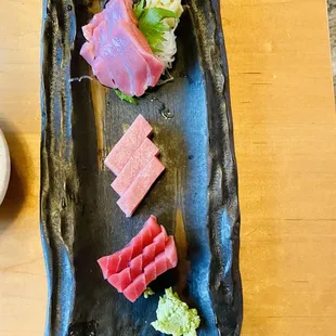 Sashimi Bluefin tuna tasting of Akami, Chu Toro, and Oh Toro