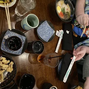 Tonkotsu Ramen, Katsu Don Rice, tempura mushrooms, Spicy Cucumber