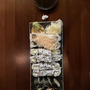 Shrimp Tempura Roll, California Roll, and Salmon Skin Rolls