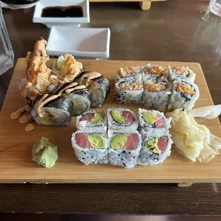 Shrimp tempura, tuna avocado, and spicy yellowtail