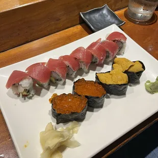 Salmon Roe, Uni,  Tuna Yellow Tail Roll