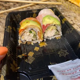 Rainbow roll. Not a fan of the &apos;salad&apos; for innards of this roll. Would not recommend.