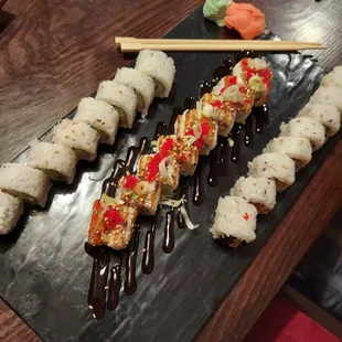 Left to right. Cali roll, Kamakazi roll, spicy tuna roll