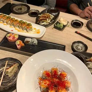 a variety of sushi dishes