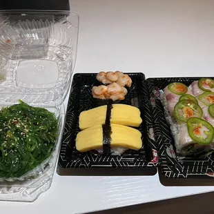 Seaweed Salad, Egg Nigiri, Spicy Scallop Nigiri, Ninja Roll