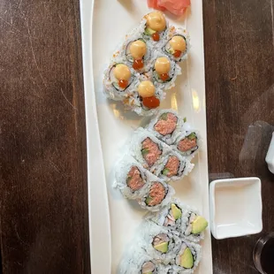 Sushi combination lunch: spicy California roll, spicy tuna roll and shrimp avocado roll