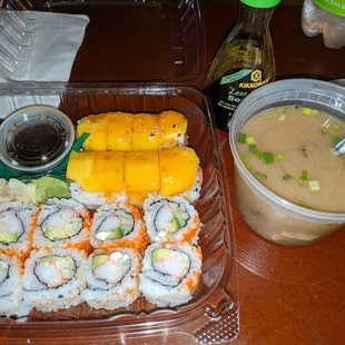California C roll, mango tuna roll and miso soup
