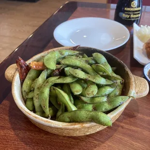 Spicy garlic edamame &amp; happy hour BOGO 1/2 off rolls - spider and three amigos