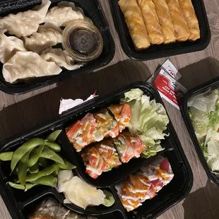Spring rolls, steamed dumplings, Golden Shrimp, and Sunset.