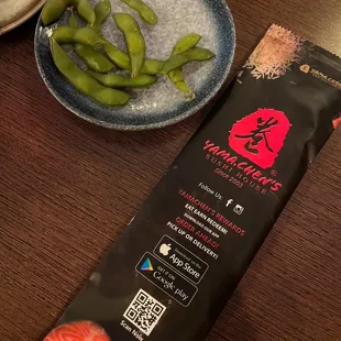 Free edamame and cute utensil packaging.