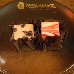 Mini cheesecakes; chocolate chip and raspberry.