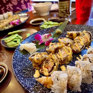 Crazy Volcano Roll Shrimp Tempura Roll California Roll Hot tea