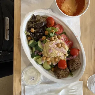 Falafel bowl and tomato tangerine soup