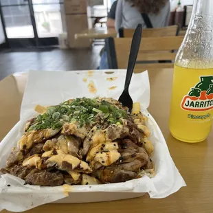 Teriyaki chicken fries  and pineapple  soda