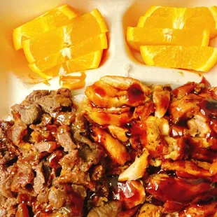 Beef/chicken plate (subbed the salad for extra orange slices)