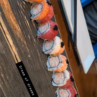 Dream of dreams - tuna, salmon, shrimp, krab meat, tempura flake, mayo, black caviar, (eel sauce and mayo on the side)