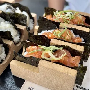 Trio Hand Rolls, salmon ($28.00). (July 2023 prices)
