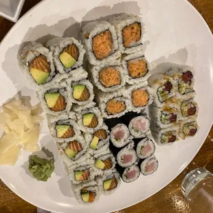 2x salmon avocado roll, spicy tuna roll, yellowtail scallion roll, miso tuna roll