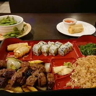 Bento #2 with edamame and spring rolls.