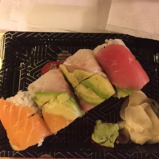This is the rainbow roll. One of my old time favorites. If allergic to fish, I would not recommend it.