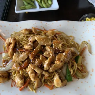 a plate of chicken and noodles