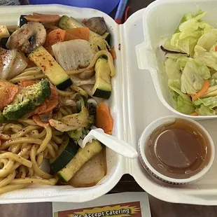 Vegetable yakisoba, house salad, side of teriyaki
