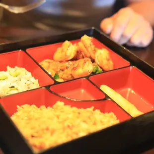 a person eating a meal in a bento box