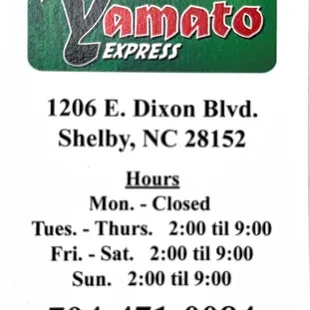 Address, hours, and phone #.