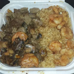 Carry out. Shrimp, scallops, and Ribeye. Double fried rice.
