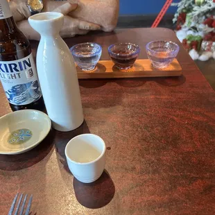 Sake sampler Kirin and sake.