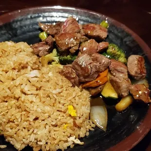 Hibatchi dinner.  Filet Mignon medium rare with fried rice.