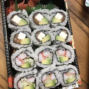 Philadelphia roll, and California roll in a cute little container
