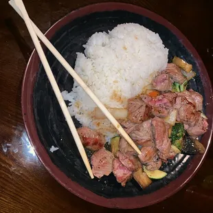 Filet Mignon with steamed rice.