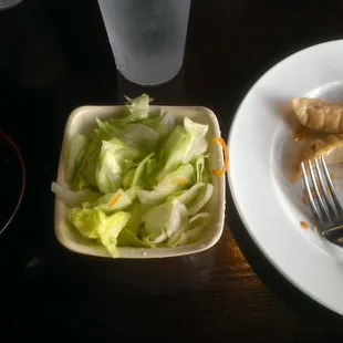 Salad, gyoza, soup