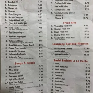 the menu of the restaurant