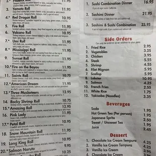 the menu of the restaurant