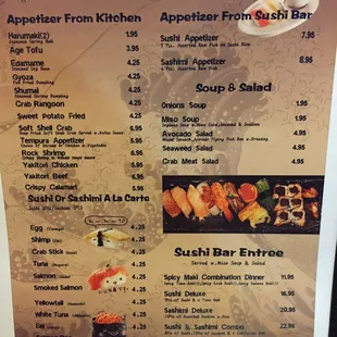 sushi and sashimi, menu