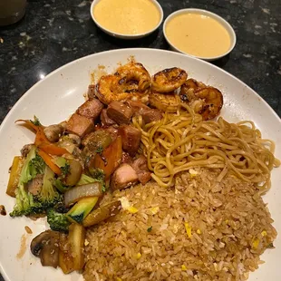 Hibachi Shrimp, Tuna, Vegetables, Noodles and Rice