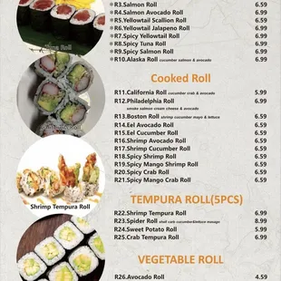 menu, sushi and sashimi