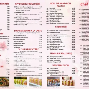 sushi and sashimi, menu