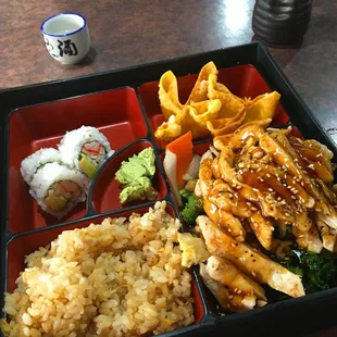 Bento Box with teriyaki chicken, California roll and crab Rangoon.