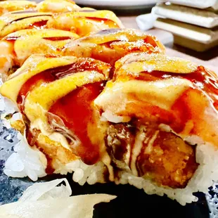 a close up of a sushi roll