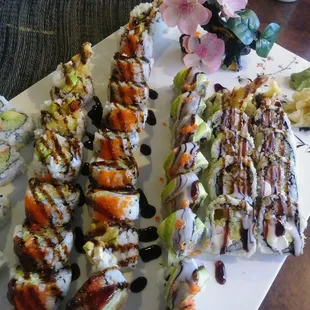 Assorted rolls. Tiger roll, godzilla roll, shrimp and chicken tempura rolls.