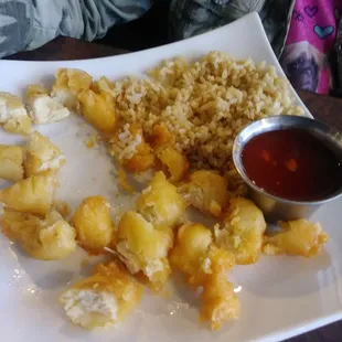 Kids sweet and sour chicken with rice.