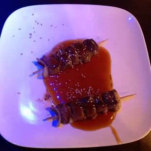 Teriyaki steak stick from app menu $3.99. I suspect ribeye because there were 2 pieces inedible due to fat/gristle. But flavor is wonderful!