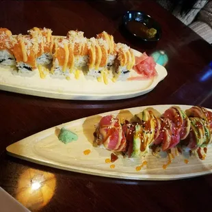 Spicy girl roll in the back and crazy tuna roll infront.