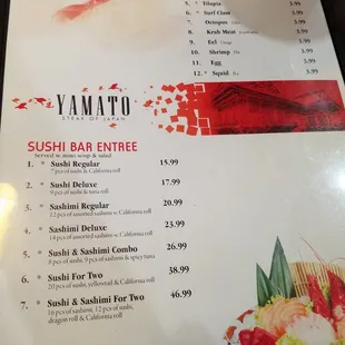 menu, sushi and sashimi