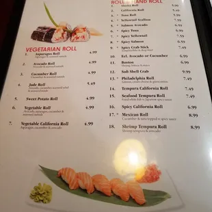 sushi and sashimi, menu