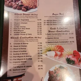 sushi and sashimi, menu